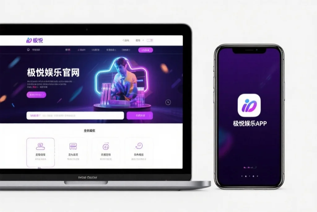 一台笔记本电脑屏幕上显示着辉达娱乐官网的界面，旁边是一部手机显示着辉达娱乐APP，两者并列对比